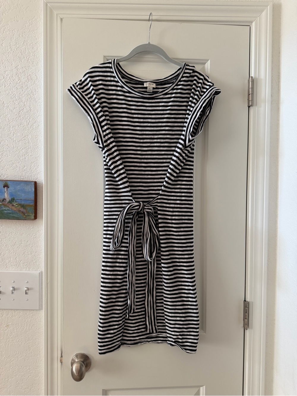 J. Crew Black & White Striped Tie-Waist Midi Dress